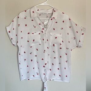 Charming‎ White Strawberry Print Button Down Shirt women size L 100 rayon